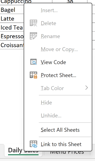 Sheet tab right-click menu with Insert, Delete, Rename and Hide grayed out because the workbook structure is protected