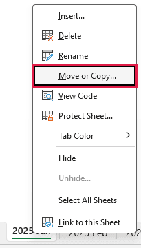 Right-click menu on the 2025 Jan sheet tab with Move or Copy highlighted