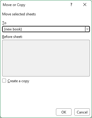 Move or Copy dialog box with (new book) selected in the To drop-down