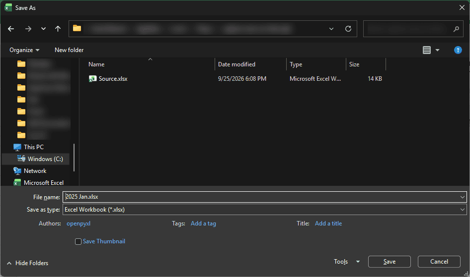 2025 Jan typed as the file name in the Save As dialog box