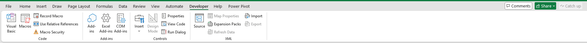 Developer tab in the Excel ribbon