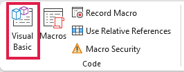 Visual Basic option in the Code group of the Developer tab