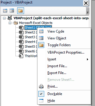 Right-click on a workbook object in the Project Explorer of the VB Editor