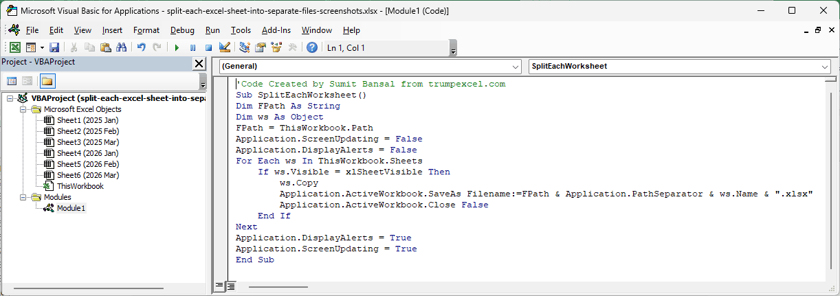 VBA code to split each worksheet pasted in the module code window