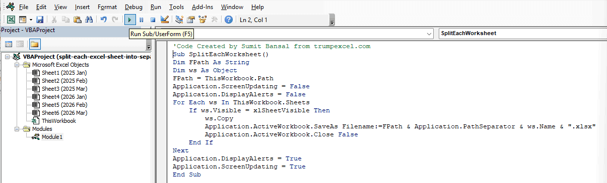 Green Run button in the VB Editor toolbar