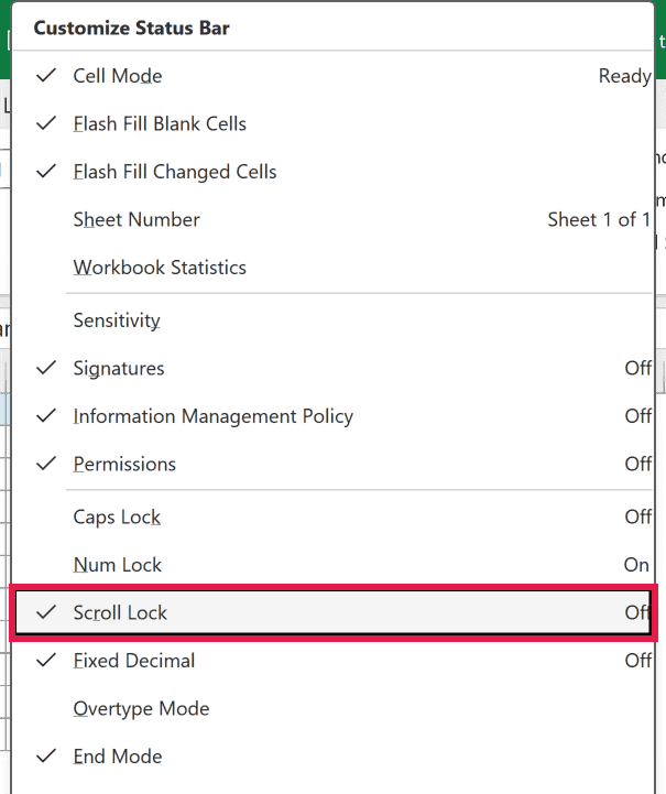 The Customize Status Bar menu after right-clicking the status bar, with the Scroll Lock option checked