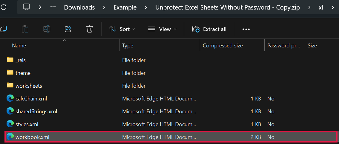 workbook.xml file inside the xl folder of the zipped Excel file
