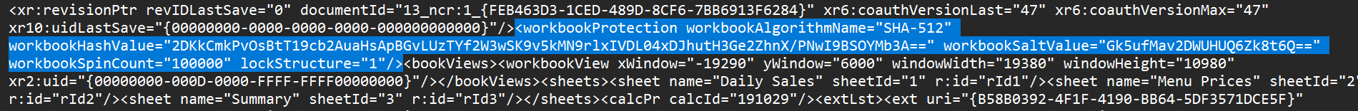 workbookProtection tag selected in workbook.xml in Notepad