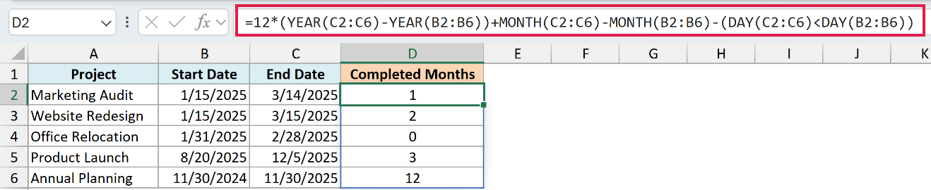 YEAR, MONTH, and DAY formula calculating completed months without DATEDIF.