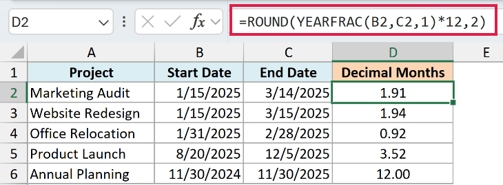 YEARFRAC formula converting the interval between two dates to decimal months.