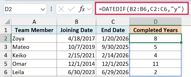 DATEDIF formula calculating completed years of service for five employees
