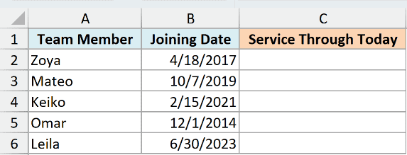 Employee joining dates with an empty column for service through today