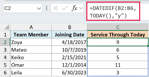 DATEDIF with TODAY calculating current completed years of service