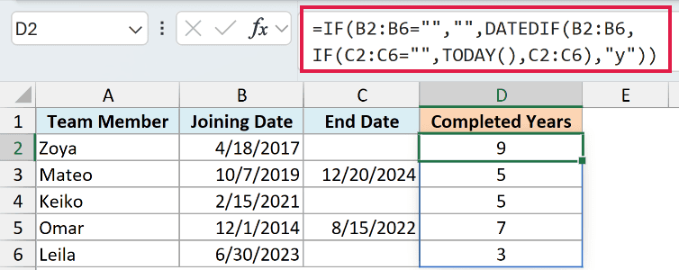 Formula using an employee end date when present and TODAY when it is blank