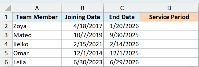 Employee joining and end dates with an empty Service Period column