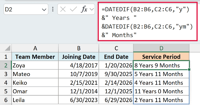 DATEDIF formula returning service as completed years and remaining months