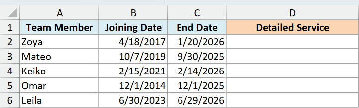 Employee joining and end dates with an empty Detailed Service column