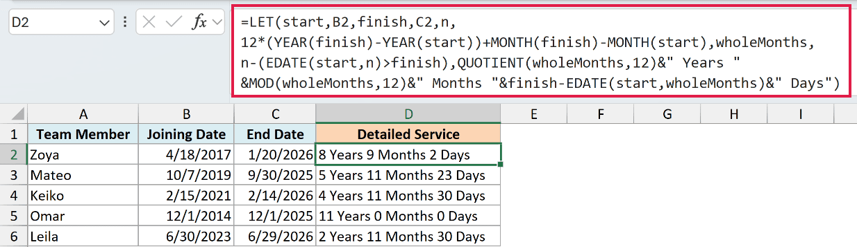 LET formula returning service in years, months, and days