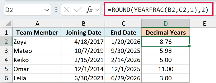 YEARFRAC formula returning years of service rounded to two decimal places