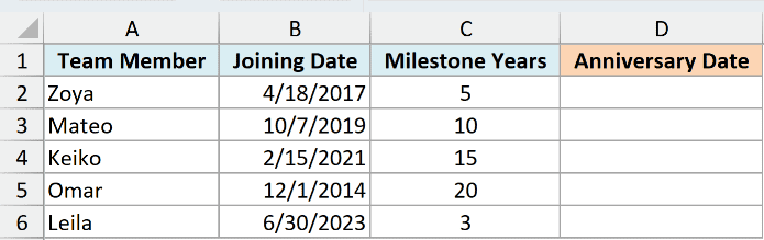 Employee joining dates and milestone years with an empty Anniversary Date column