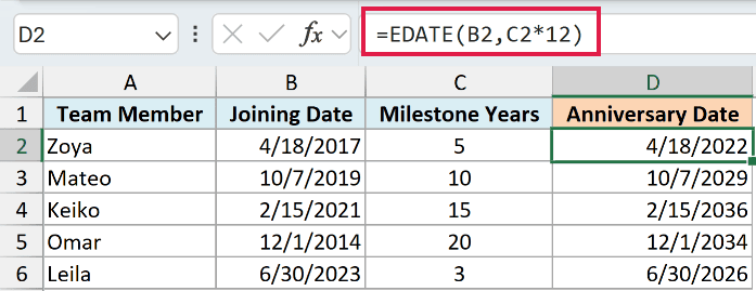 EDATE formula calculating future service anniversary dates