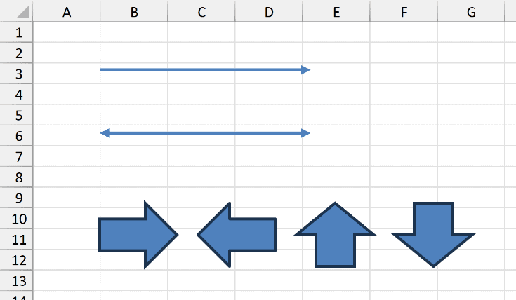 Line arrows and block arrows inserted as shapes on an Excel worksheet