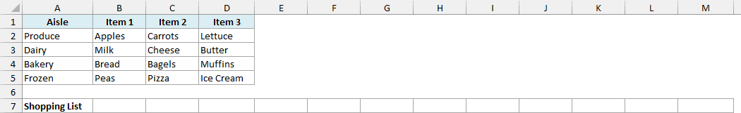 Shopping list grouped by aisle with three items each and an empty Shopping List row