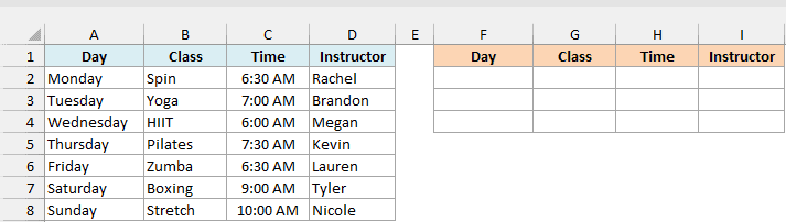Weekly gym class schedule from Monday to Sunday with class, time, and instructor, beside empty Day, Class, Time, and Instructor result columns