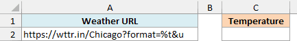 A weather URL for Chicago in A2, beside an empty Temperature cell in C2