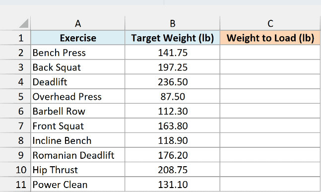 Target weights for ten gym lifts beside an empty Weight to Load (lb) column