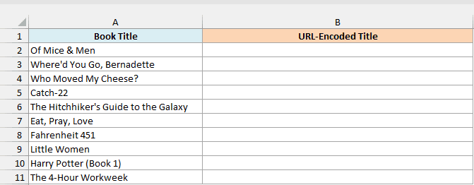 Ten book titles next to an empty URL-Encoded Title column