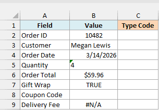 Online order record with fields like Order ID, Customer, Order Date and Quantity beside an empty Type Code column