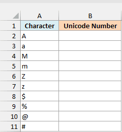 Letters and keyboard symbols beside an empty Unicode Number column