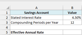 Savings account with a 4.50% stated interest rate compounded 12 times a year, beside an empty Effective Annual Rate cell