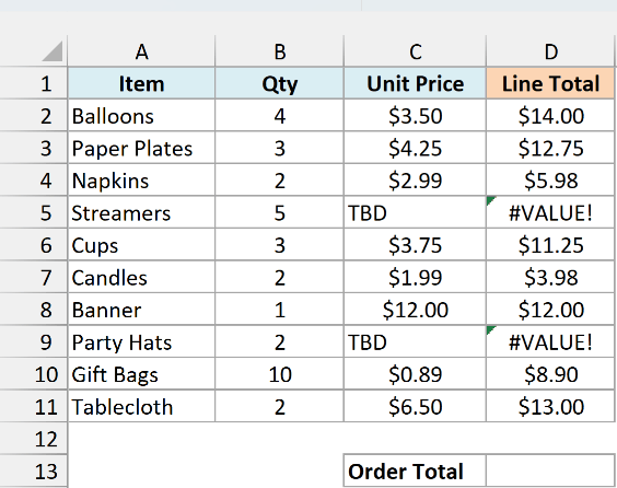 Party supplies order with quantities, unit prices, and line totals, where two TBD prices show #VALUE! errors and the order total cell is empty