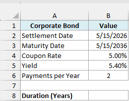 Corporate bond with a 5/15/2026 settlement date, 5/15/2036 maturity, 5.00% coupon, 5.40% yield, and 2 payments per year, beside an empty Duration (Years) cell