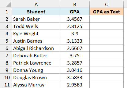Students with their GPAs and an empty GPA as Text column