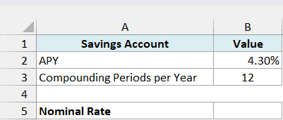 Savings account with a 4.30% APY compounded 12 times a year, beside an empty Nominal Rate cell