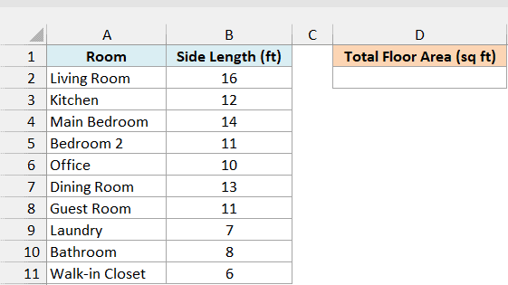 Ten square rooms with the side length of each in feet, beside an empty Total Floor Area cell