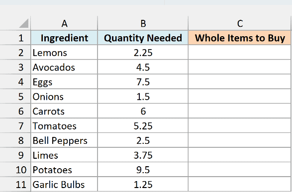 Shopping list of ten ingredients with the quantity a recipe needs and an empty Whole Items to Buy column