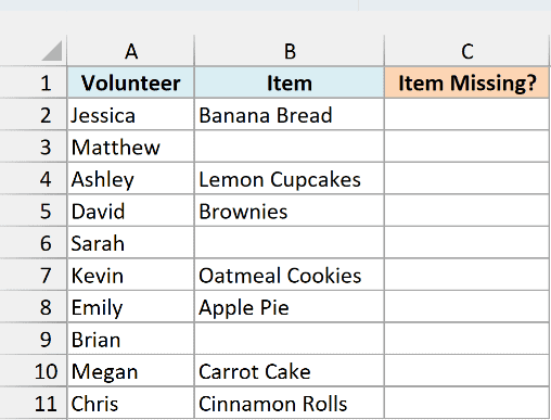 Bake sale sign-up sheet with volunteers, items, and an empty Item Missing? column