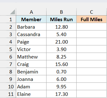 Excel table with columns for Member names and Miles Run, with an empty Full Miles column for FLOOR.PRECISE calculations