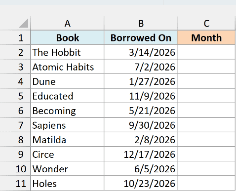 Library loan log of ten books with the borrowed date beside an empty Month column