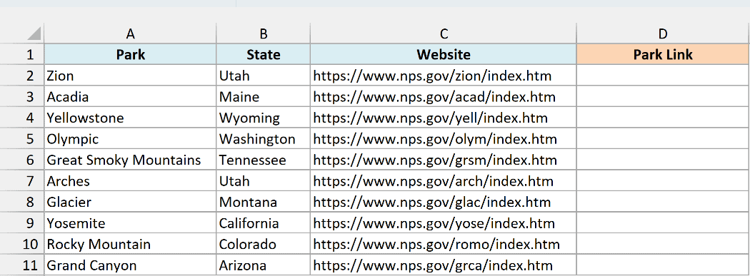 Ten national parks with their state and park web address, next to an empty Park Link column
