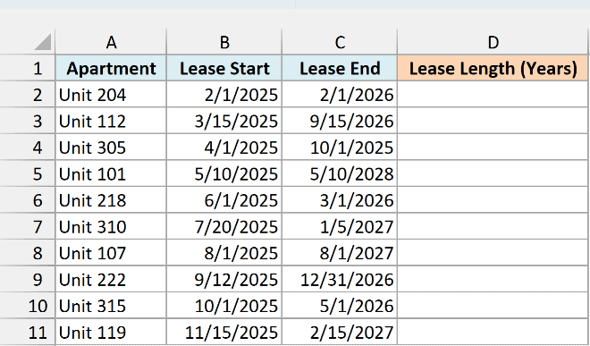Apartment leases with lease start and end dates next to an empty Lease Length (Years) column