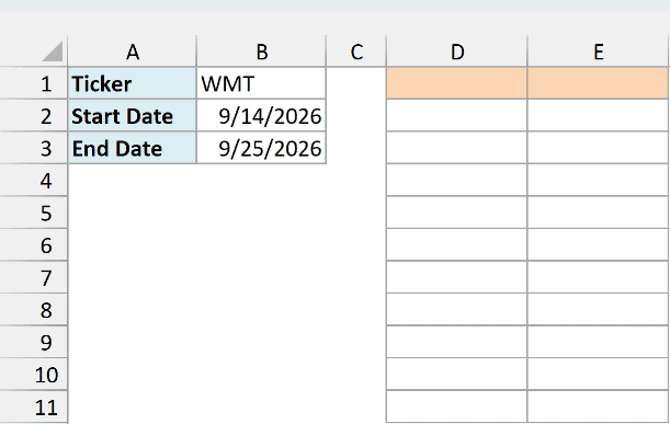 Walmart ticker WMT with a start date of 9/14/2026 and an end date of 9/25/2026, beside an empty result area