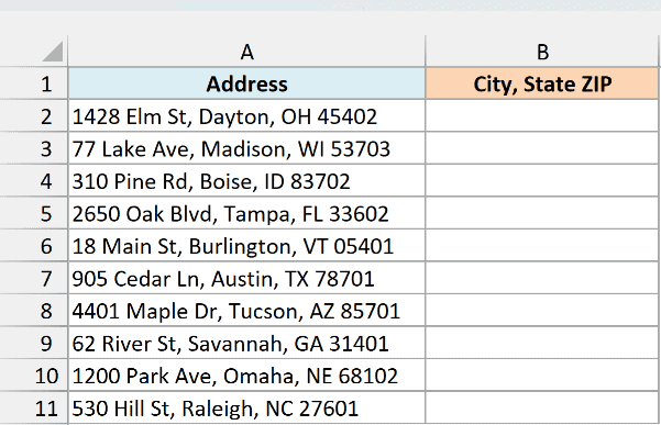 Addresses with street, city, state and ZIP in column A and an empty City, State ZIP column