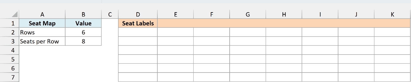 Theater size inputs, 6 rows and 8 seats per row, next to an empty Seat Labels grid