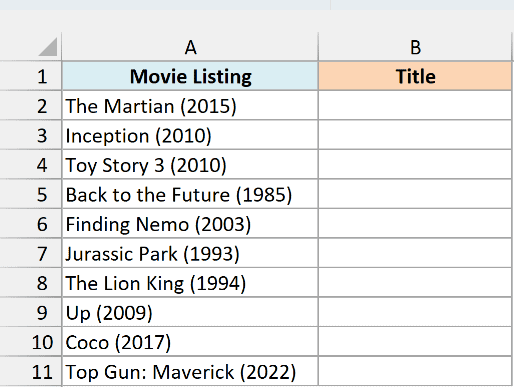 Movie listings with the release year in parentheses next to an empty Title column
