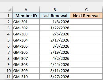 Gym member IDs and last renewal dates beside an empty Next Renewal column